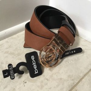NWT BEBE black brown Reversible Vegan wide belt L